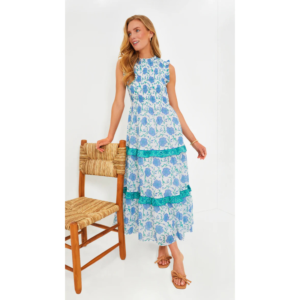 OLIPHANT Tuckernuck Poppy Blue Block Print Sleeveless Smocked Maxi Dress NEW S - Picture 2 of 12
